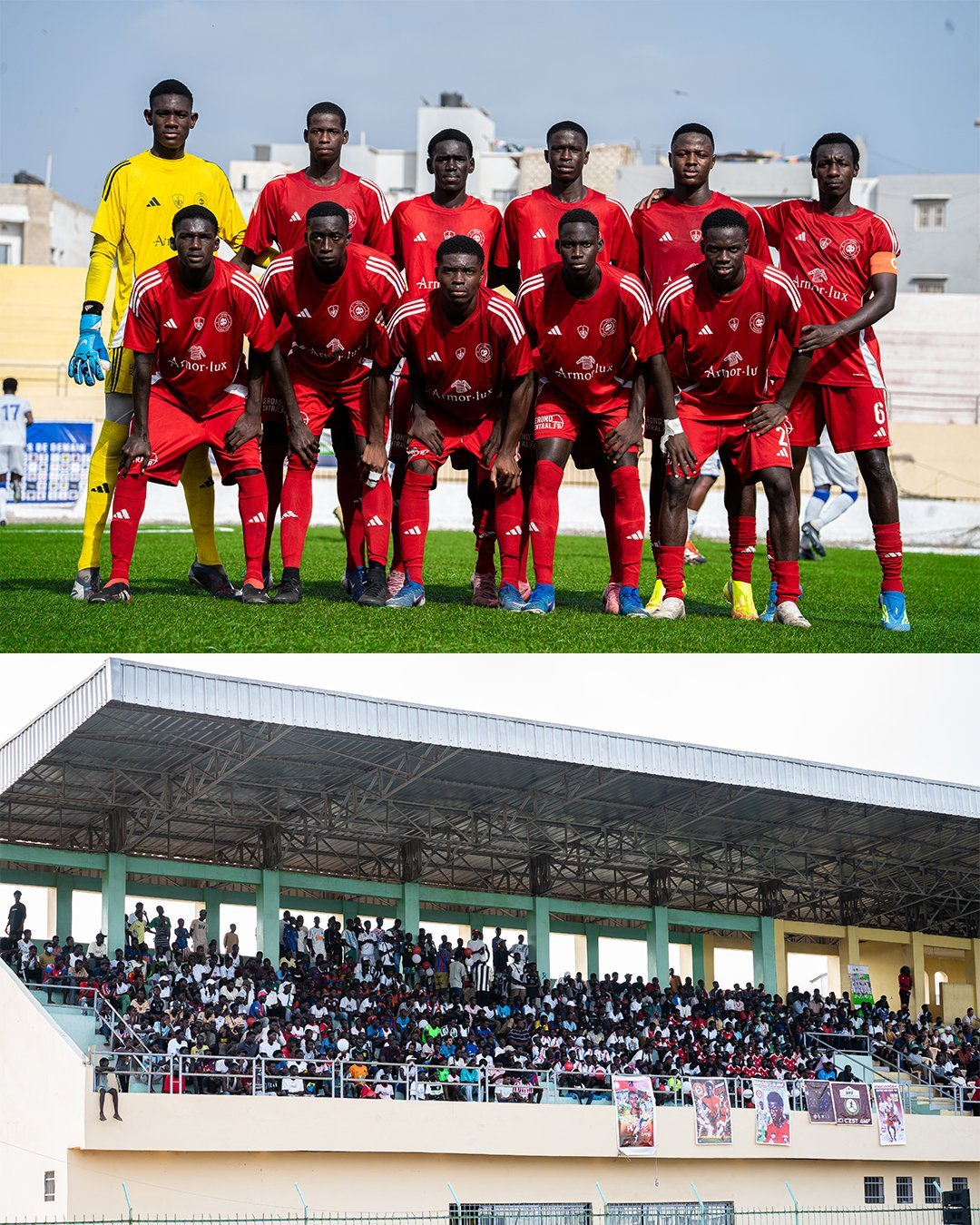 Le onze d’Armor FC avant la finale face à DSC et les tribunes pleines